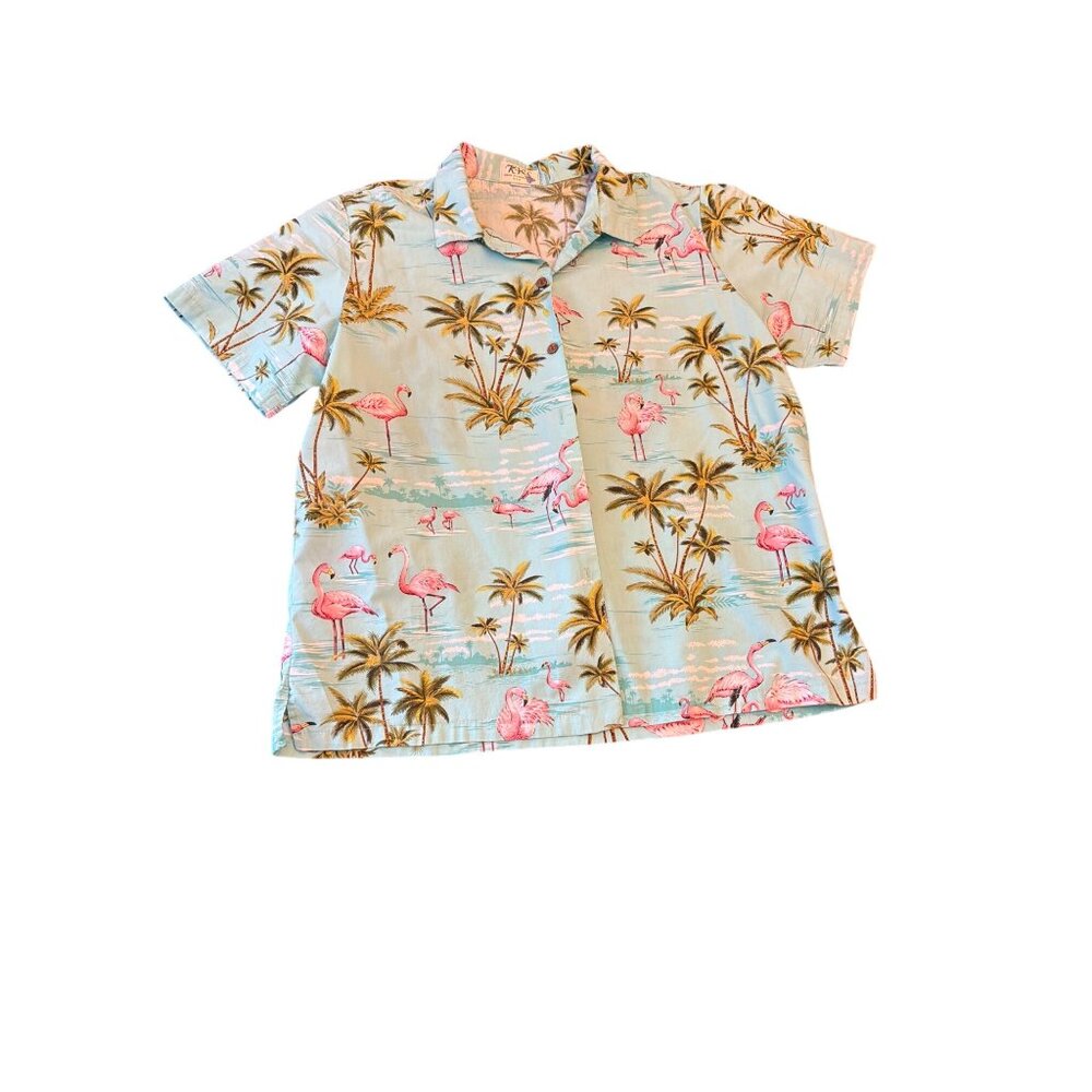 Mens‎ Hawaiian Shirt Flamingo Palm Print Cotton Button-Up L Tropical Island